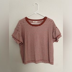 Madewell Ruffle Sleeve Tee T-Shirt Cotton Rust Brown Camel Stripe Short sleeve